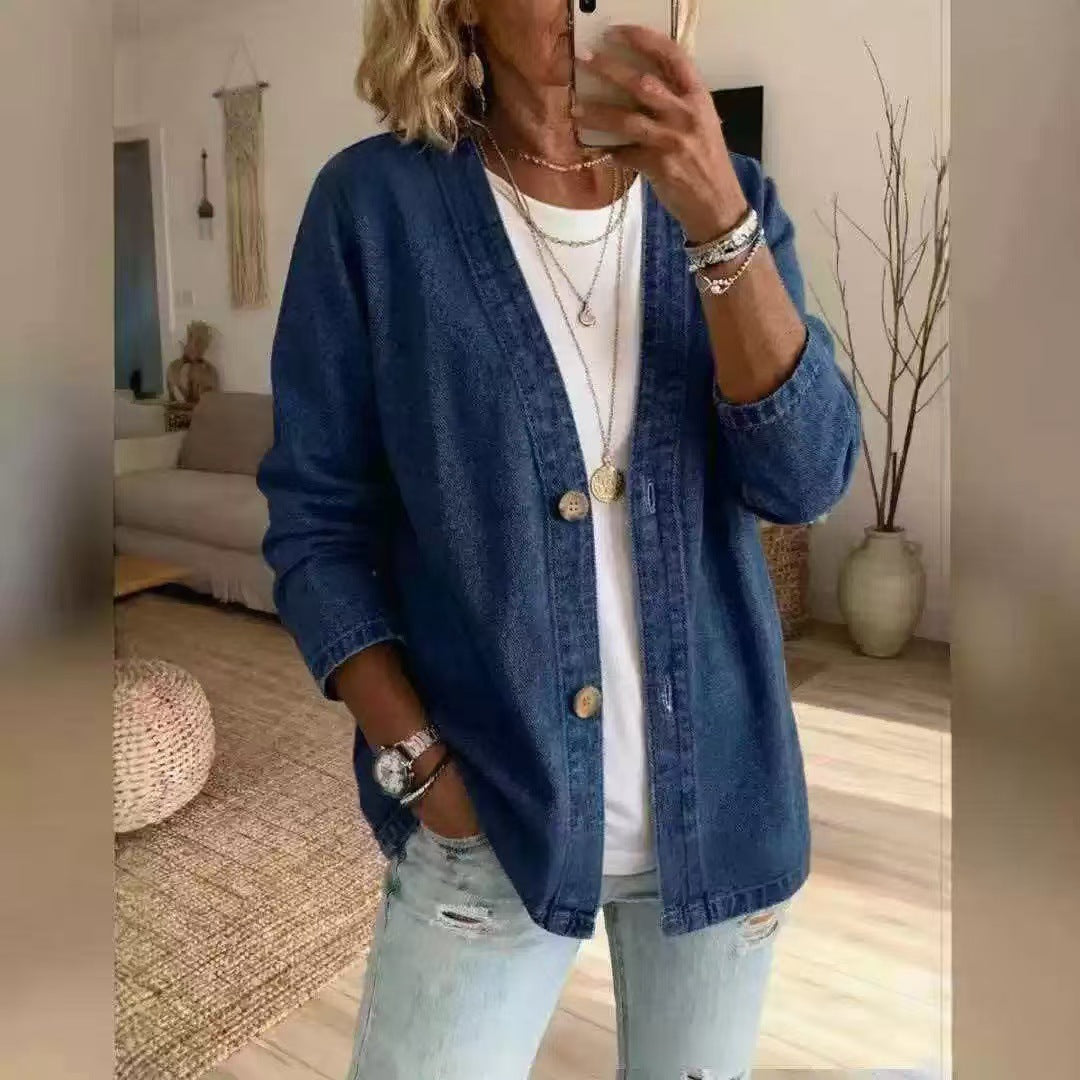 Women's Oversized V-Neck Denim Button Down Shirt