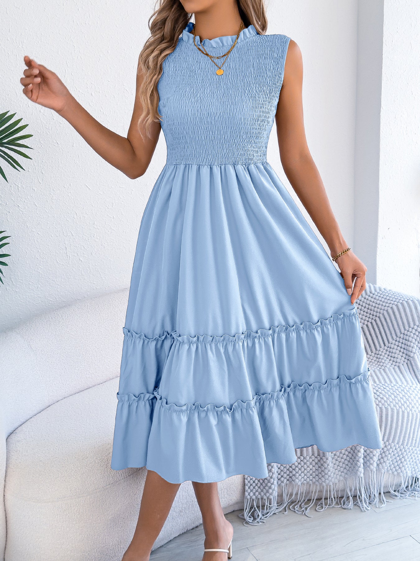Smocked Sleeveless Ruffle Midi Dress Flowy Summer