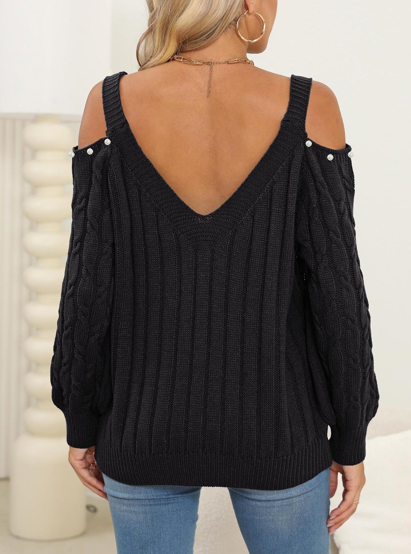 Women's Deep V Sexy Off-the-shoulder Beaded Loose Bottoming Shirt