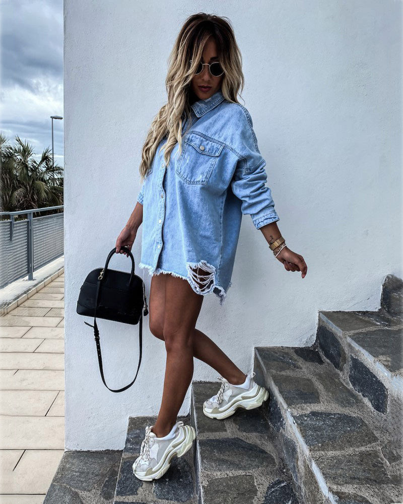 Distressed Denim Jacket Mid-Length Long Sleeve Vintage Style