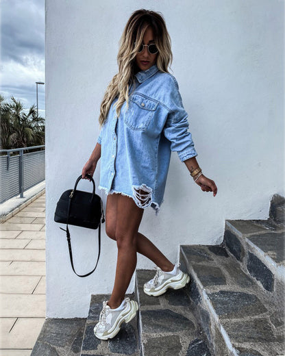 Distressed Denim Jacket Mid-Length Long Sleeve Vintage Style