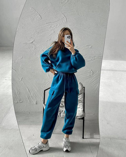 Women's Oversized Fleece Hoodie Cargo Joggers Set