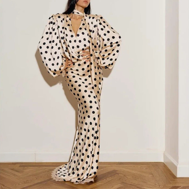 Elegant Polka Dot Puff Sleeve V-Neck Maxi Dress