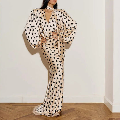 Elegant Polka Dot Puff Sleeve V-Neck Maxi Dress