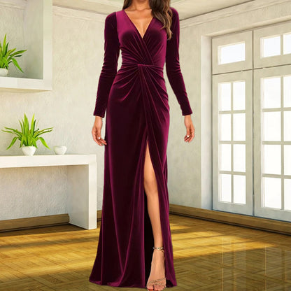 Velvet Long Sleeve Ruched Maxi Dress Deep V-Neck Slit