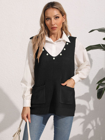 Women's Vest Double Pocket Splicing V-Neck Casual Pearl Vest Sweater