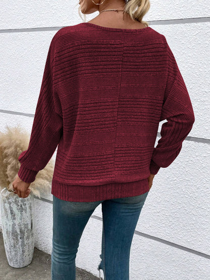 Ribbed Batwing Sleeve Sweater Top Women Casual Pullover