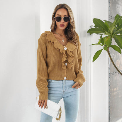 Women's Ruffle V-Neck Cropped Cardigan