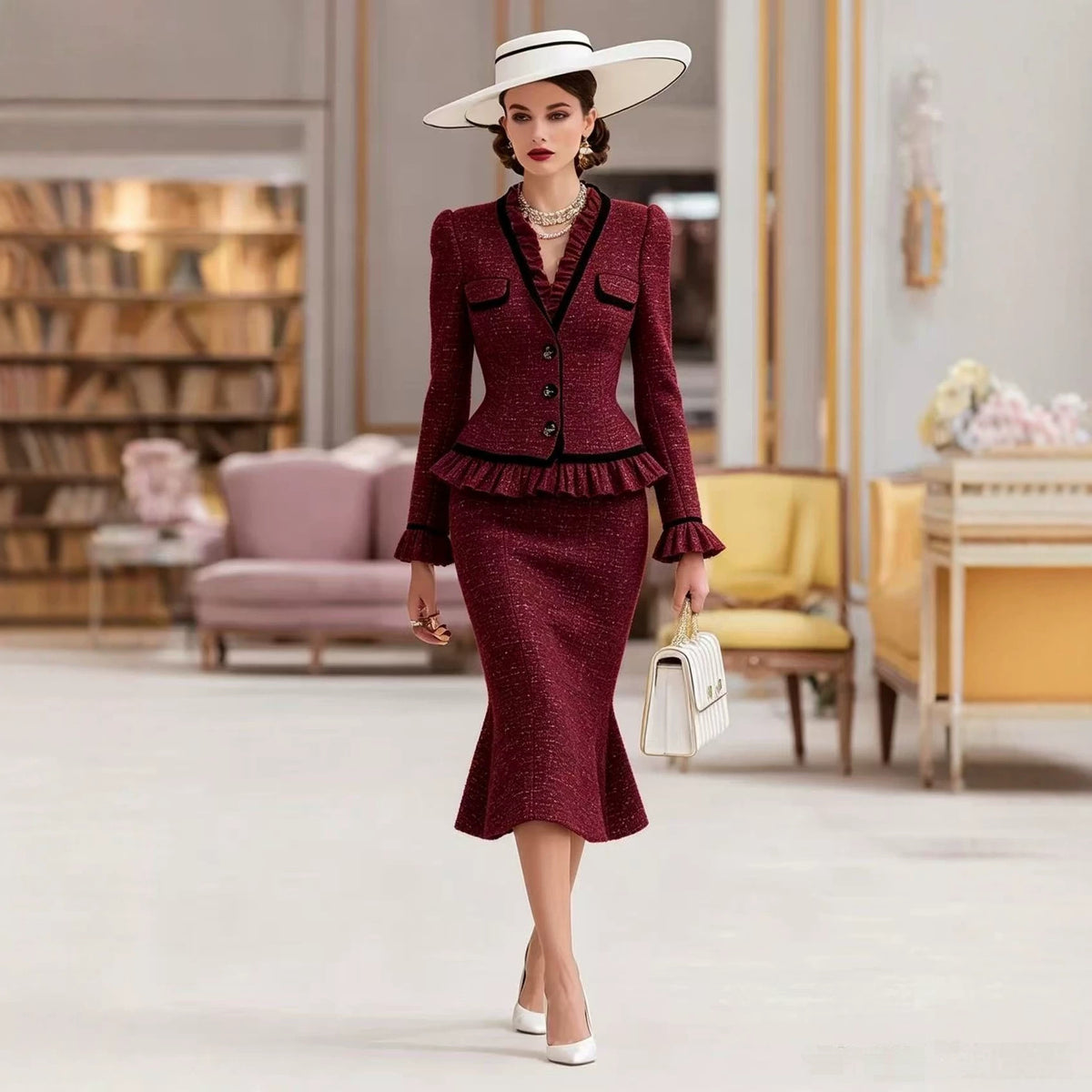 Elegant Colorblock Peplum Jacket Midi Skirt Matching Set