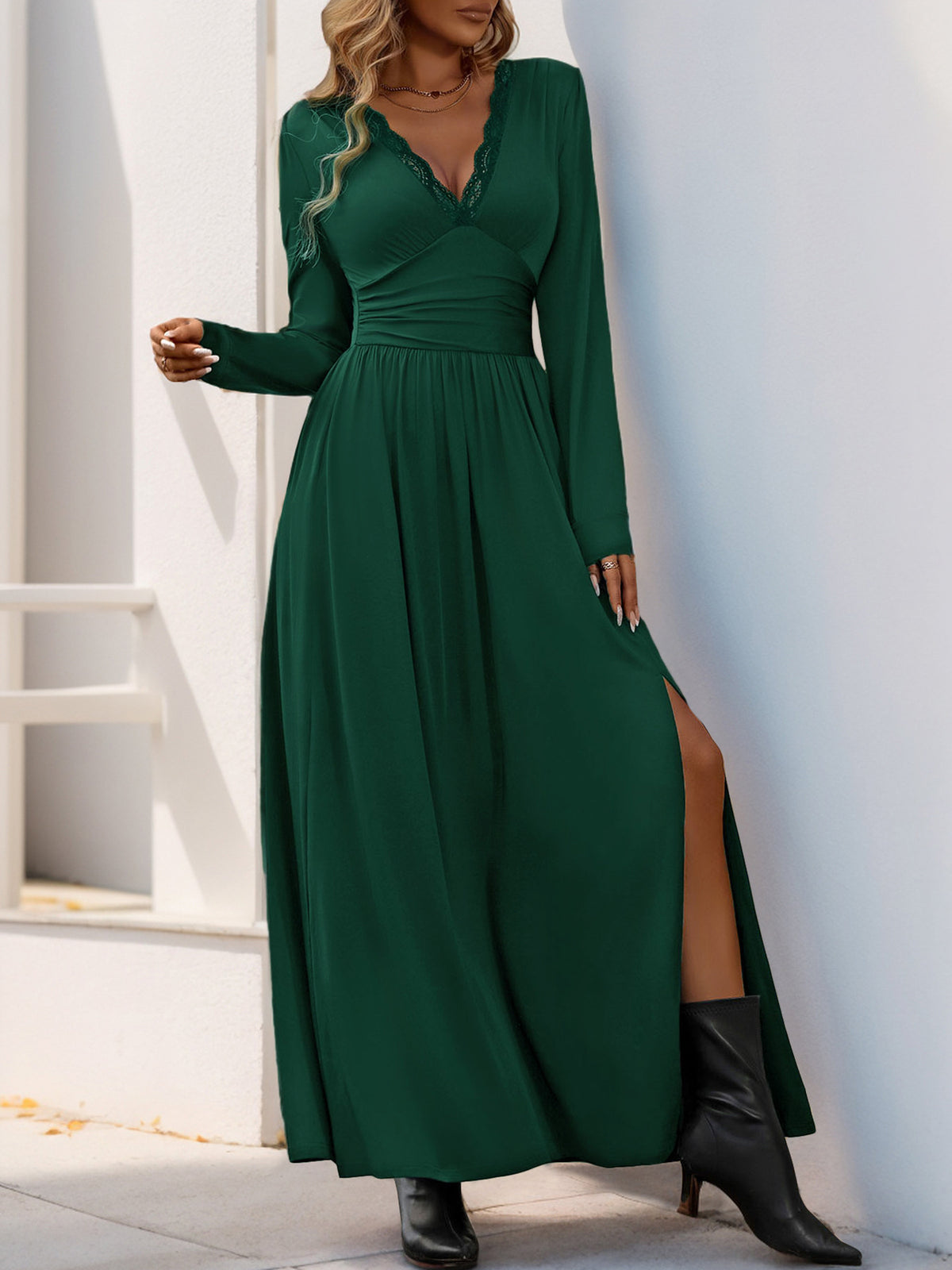 Lace V-Neck Long Sleeve Slit A-Line Maxi Dress