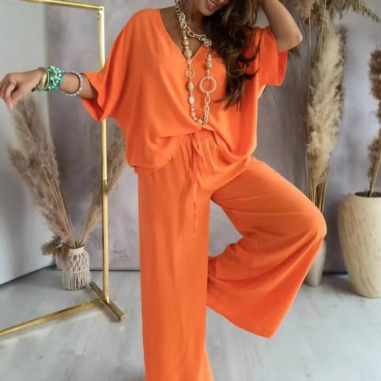 Women's V-Neck Batwing Wide Leg Pants 2-Piece Set