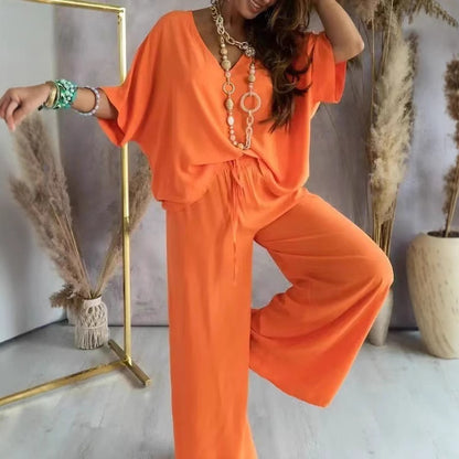 Women's V-Neck Batwing Wide Leg Pants 2-Piece Set
