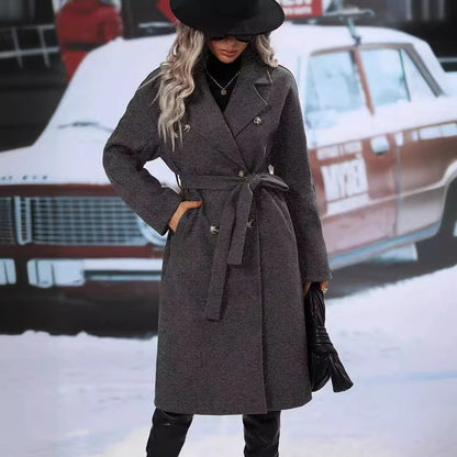 Women's Belted Double Breasted Long Wool Blend Coat