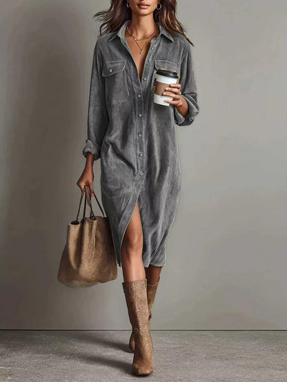 Corduroy Shirt Dress Womens Long Sleeve Midi Button Down