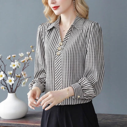 Women's Striped V Neck Collared Long Sleeve Blouse