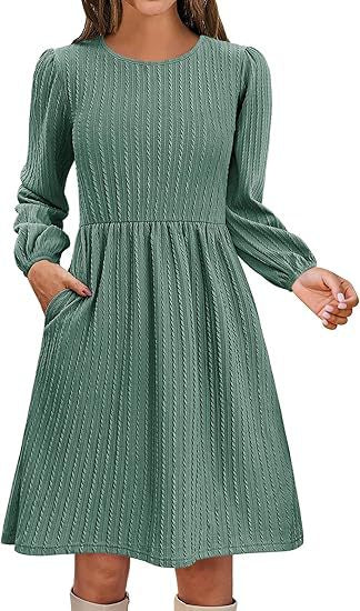 Fall Textured Knit Puff Sleeve A-Line Midi Dress