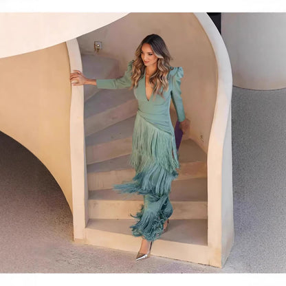 Fringe Maxi Dress Deep V Neck Long Sleeve Bodycon Party