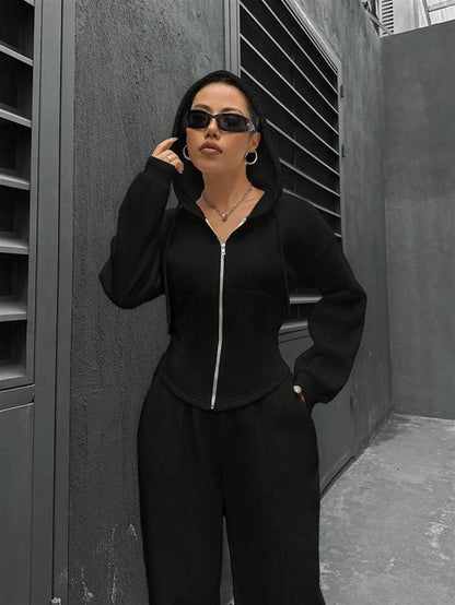 Fitted Zip Hoodie Wide Leg Sweatpants Two Piece Set