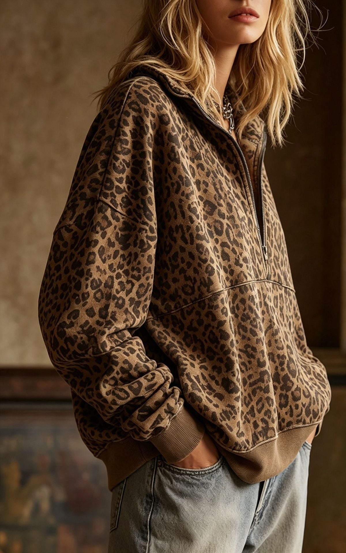 Leopard Print Half Zip Oversized Pullover Sweatshirt