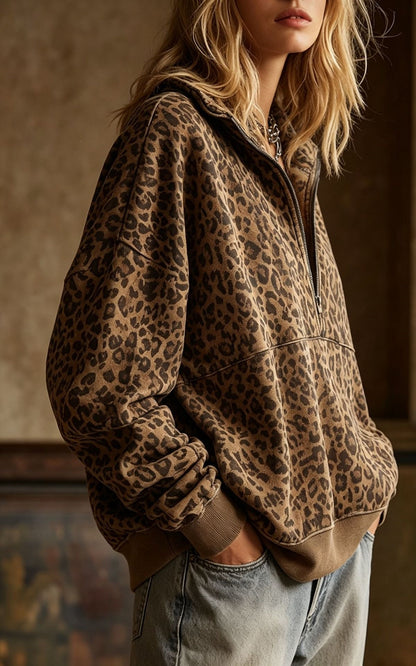 Leopard Print Half Zip Oversized Pullover Sweatshirt