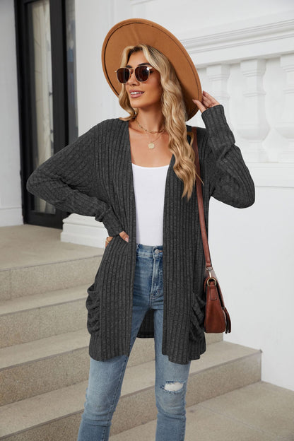 Simple Pocketed Long Sleeve Cardigan Knit Top