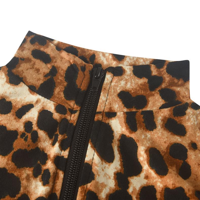Women's Leopard Print Zip Up Long Sleeve Bodycon Jumpsuit