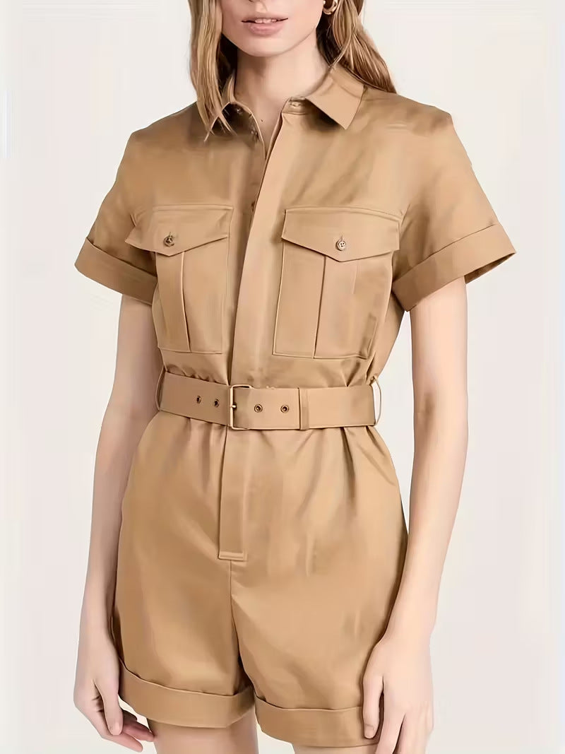 Women's Belted Utility Romper Short Sleeve Cargo Jumpsuit