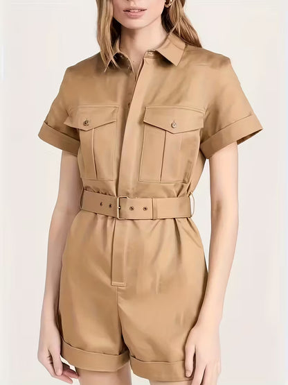 Women's Belted Utility Romper Short Sleeve Cargo Jumpsuit
