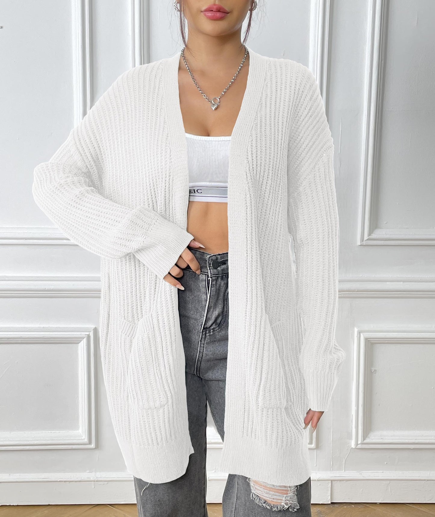 Autumn and Winter Women's Long-sleeved Double-pocket Casual Cardigan Jacket