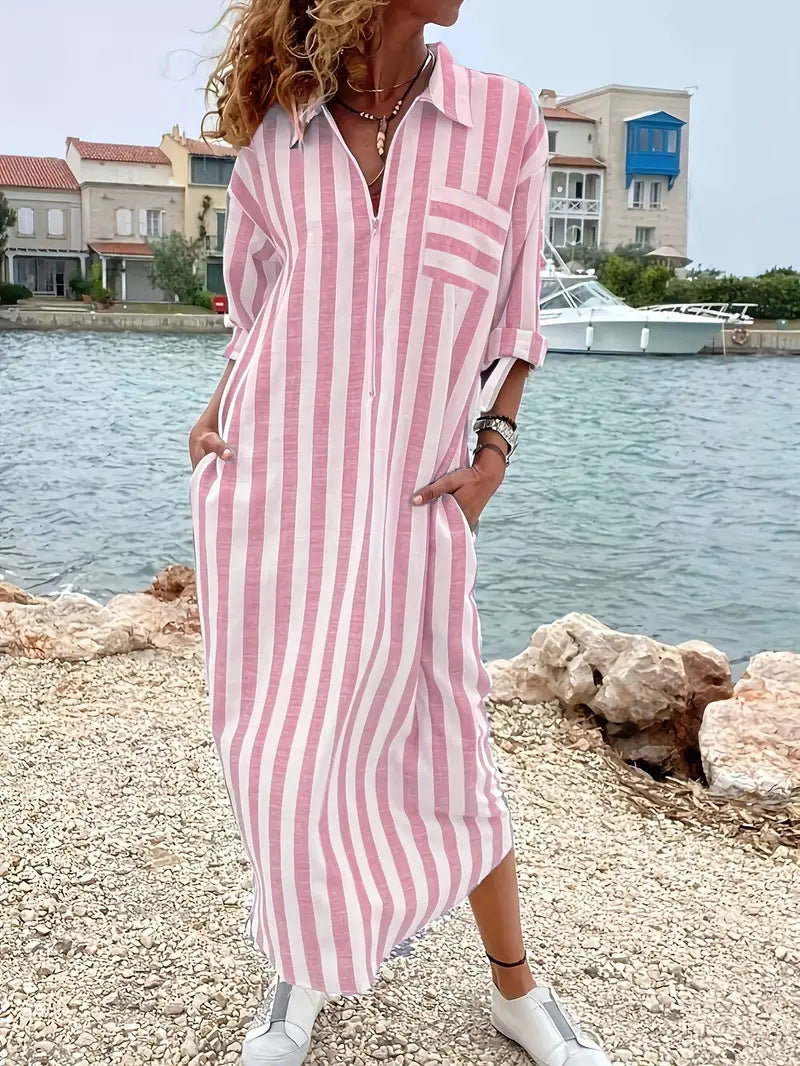 Women's Striped Maxi Shirt Dress Long Sleeve Casual A-Line