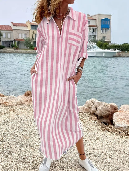 Women's Striped Maxi Shirt Dress Long Sleeve Casual A-Line