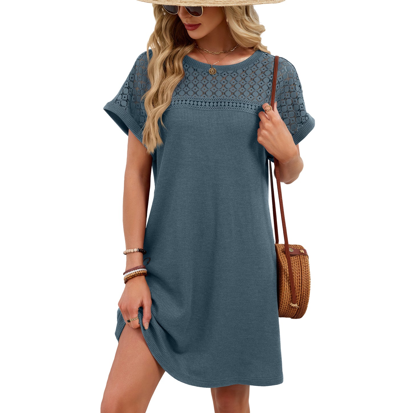 Blue Gray Yoke Loose T Shirt Dress Crew Neck