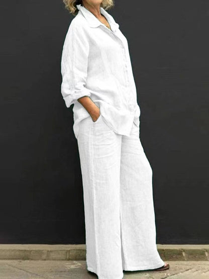 Linen Blend Shirt and Wide Leg Pants Two Piece Set