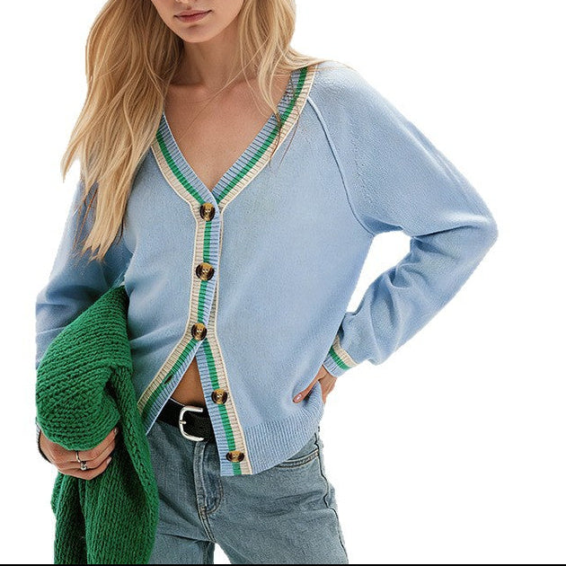 Women's Color Block V-Neck Button Front Cardigan