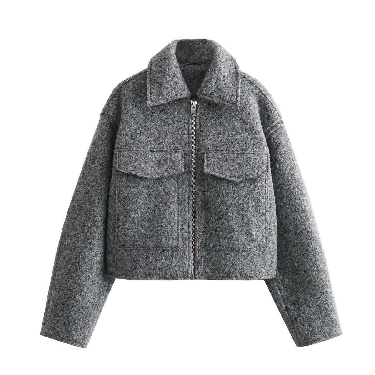 Women's Cropped Boucle Zip Jacket Collar Pocket