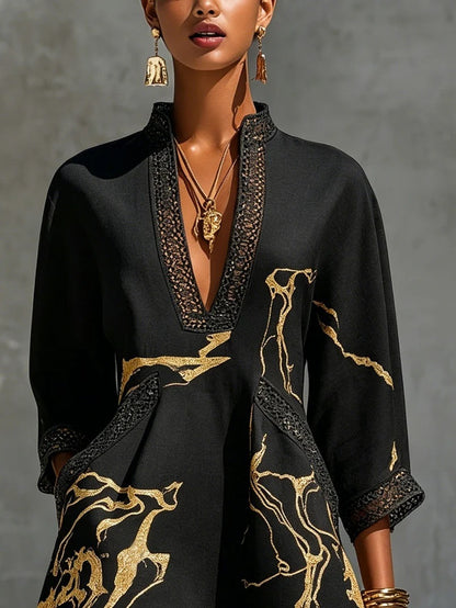 Boho V Neck Lace Trim Gold Abstract 3/4 Sleeve Mini Dress