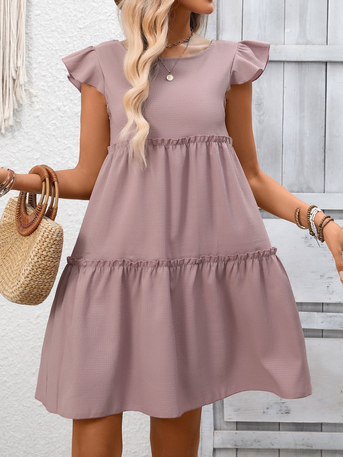 Solid Chiffon Mini Dress Boho Tiered Ruffle Flutter Sleeve