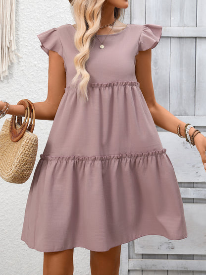 Solid Chiffon Mini Dress Boho Tiered Ruffle Flutter Sleeve
