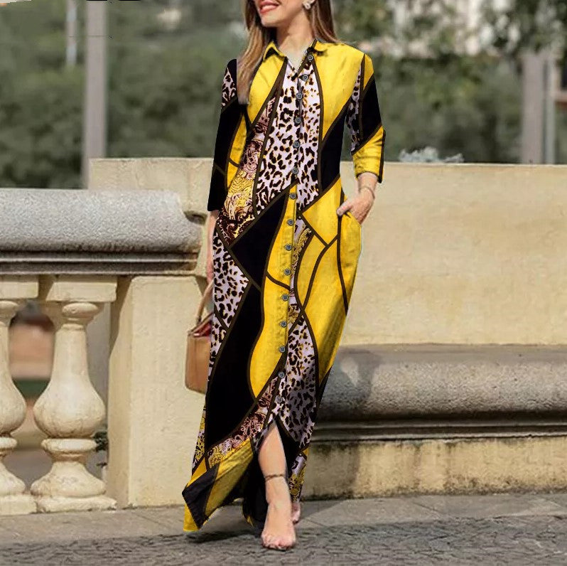 Women's Leopard Maxi Shirt Dress Long Sleeve Plus Size
