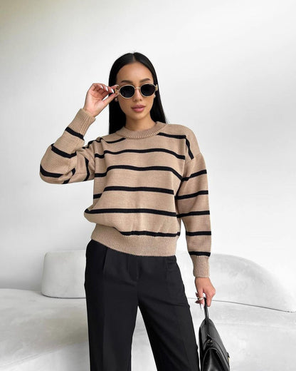 Women's Oversized Striped Crew Neck Pullover Sweater
