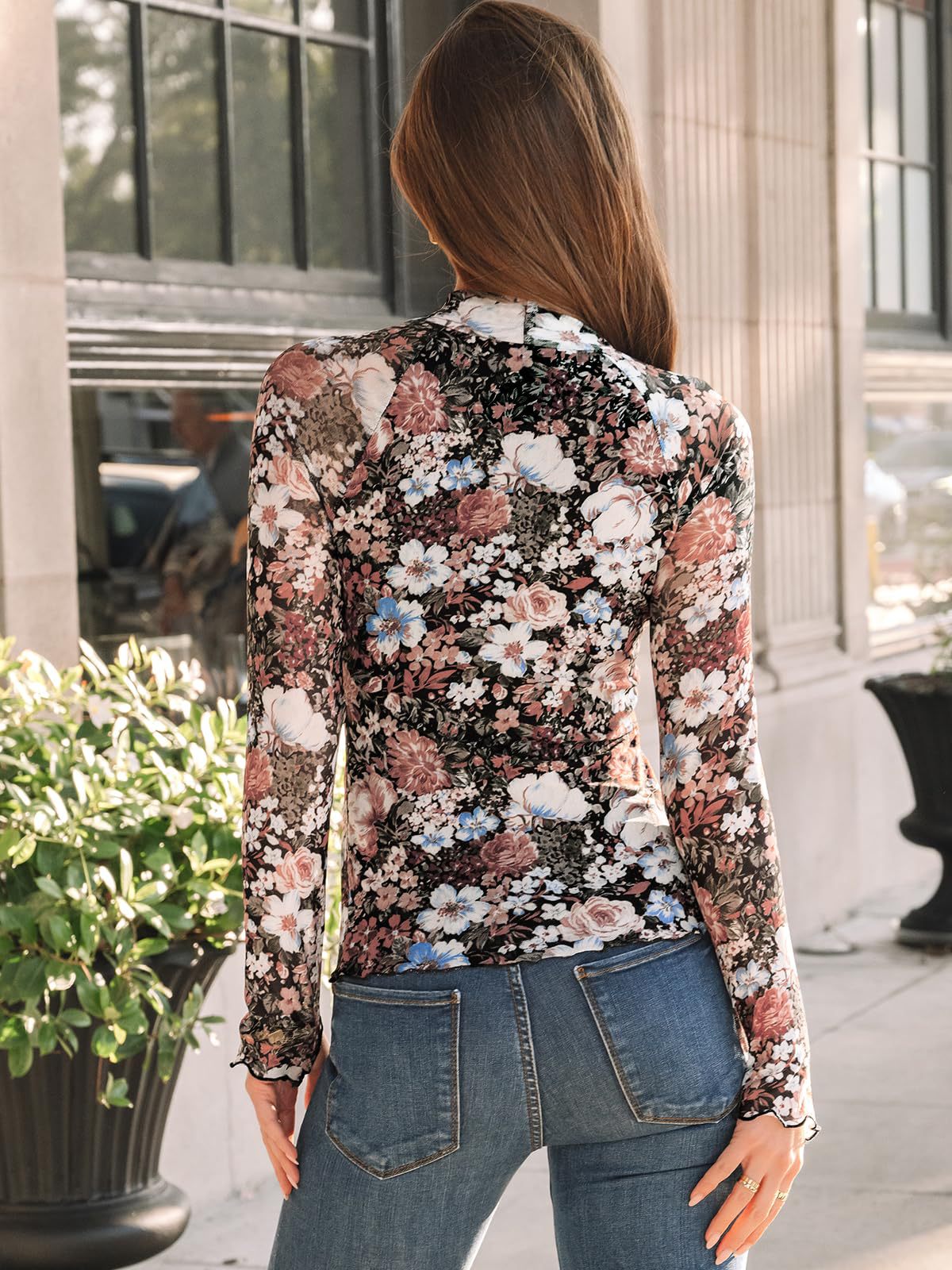 Y2K Mesh Printed Semi-Turtleneck Long Sleeve Top