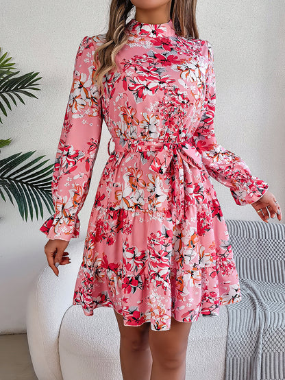 Elegant Floral High Neck Ruffle Waist A-Line Dress
