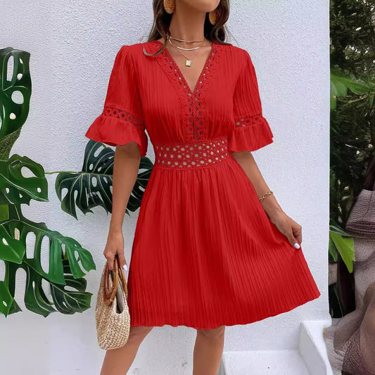 V-Neck Lace Splicing Dress - Fashionable Solid Color
