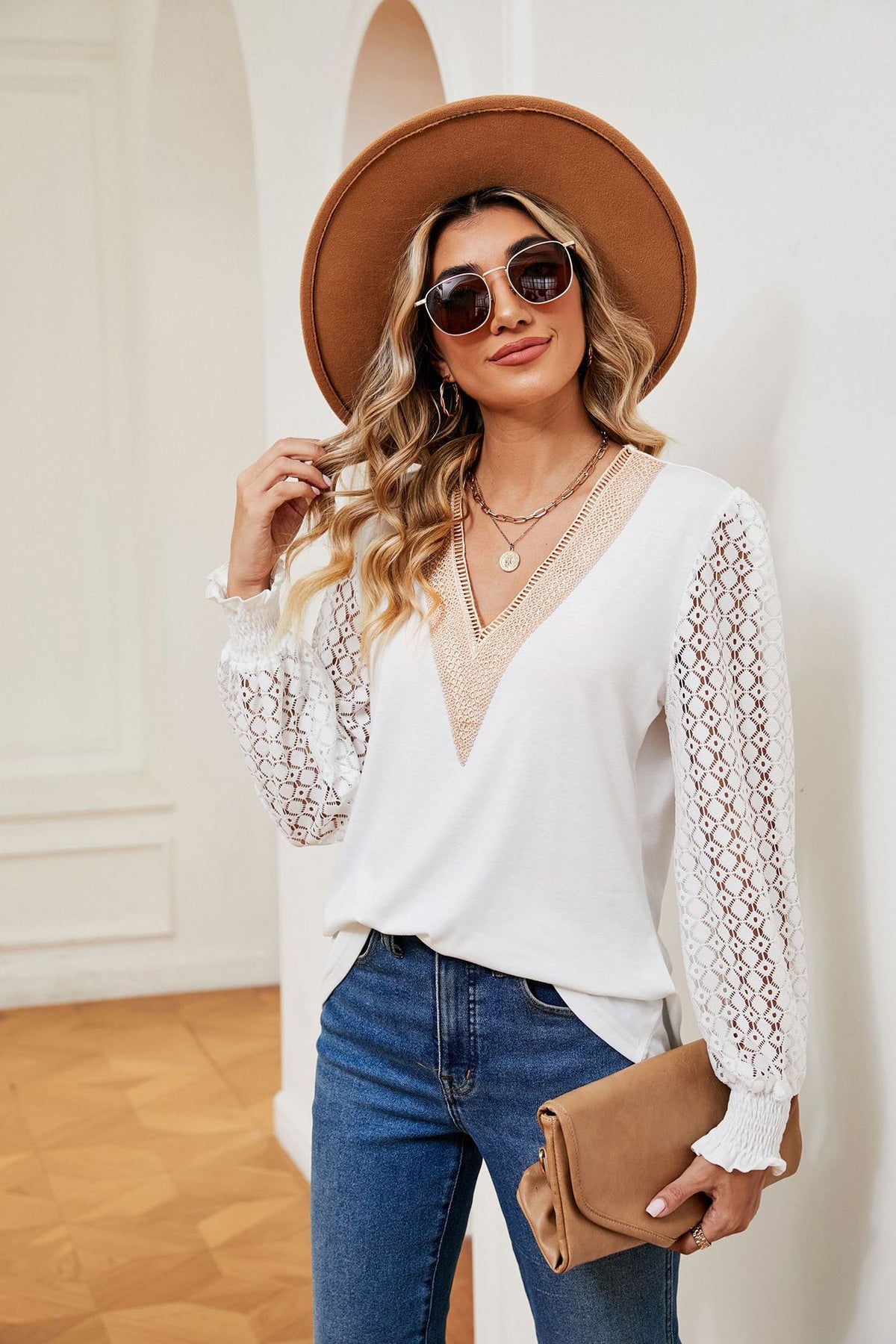 V-Neck Lace Long Sleeve Loose Fit Tunic Top