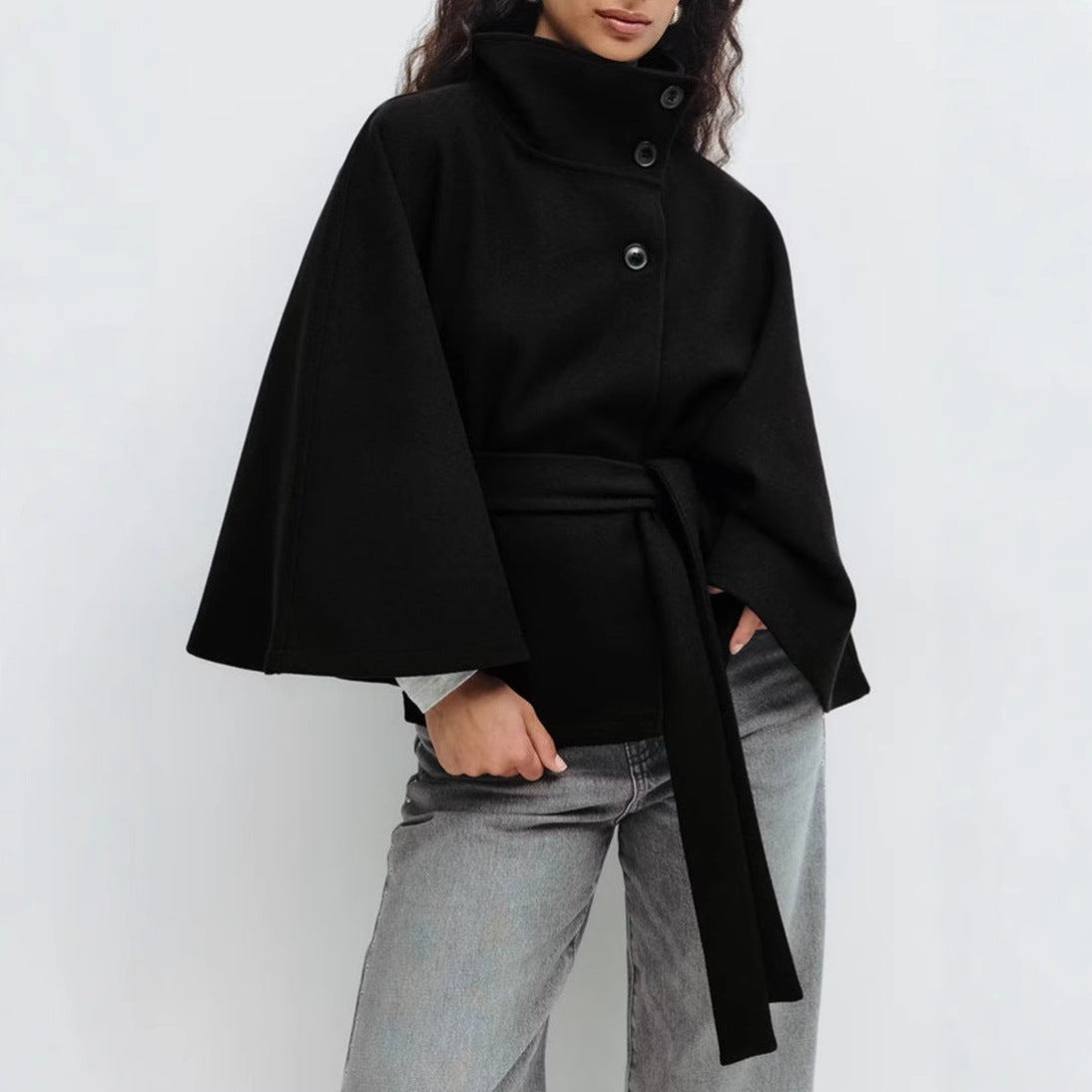Women's Belted Cape Coat Mock Neck Batwing Jacket