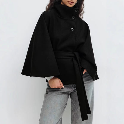 Women's Belted Cape Coat Mock Neck Batwing Jacket