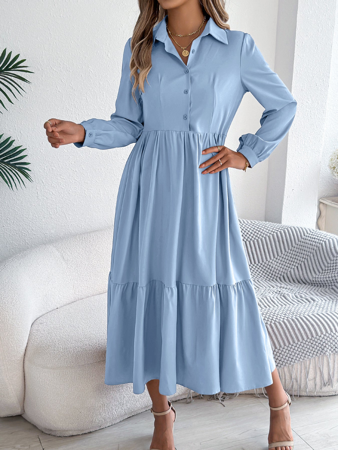 Collared Long Sleeve Tiered Shirt Dress
