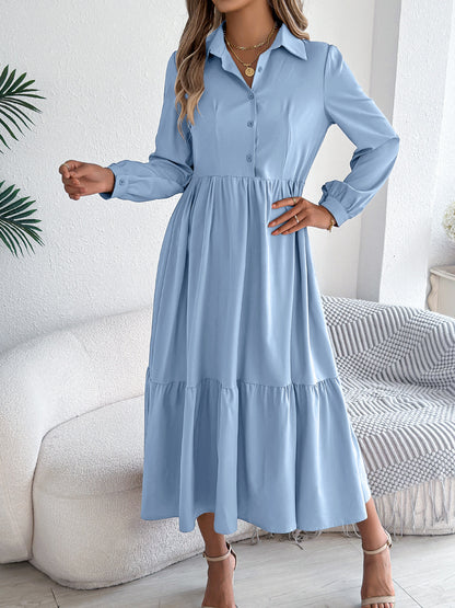 Collared Long Sleeve Tiered Shirt Dress