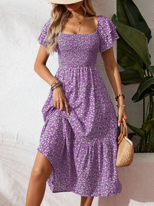 Floral Smocked Square Neck Midi Dress Ruffle Sleeve