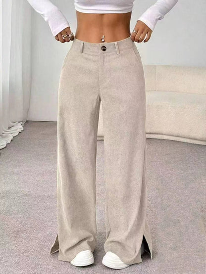 Women's Corduroy Wide Leg Pants Split Hem Casual Trousers